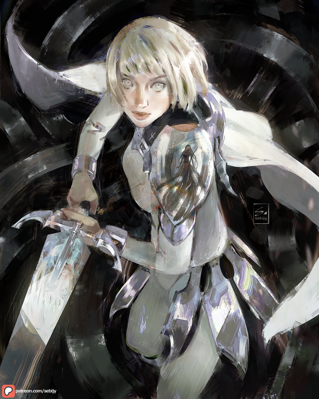 sebijy, clare (claymore), claymore (series), highres, 1girl, armor, blonde hair, bodysuit, breasts, cape, holding, holding sword, holding weapon, looking at viewer, medium breasts, parted lips, patreon username, short hair, solo, sword, tight clothes, weapon, white bodysuit, white cape