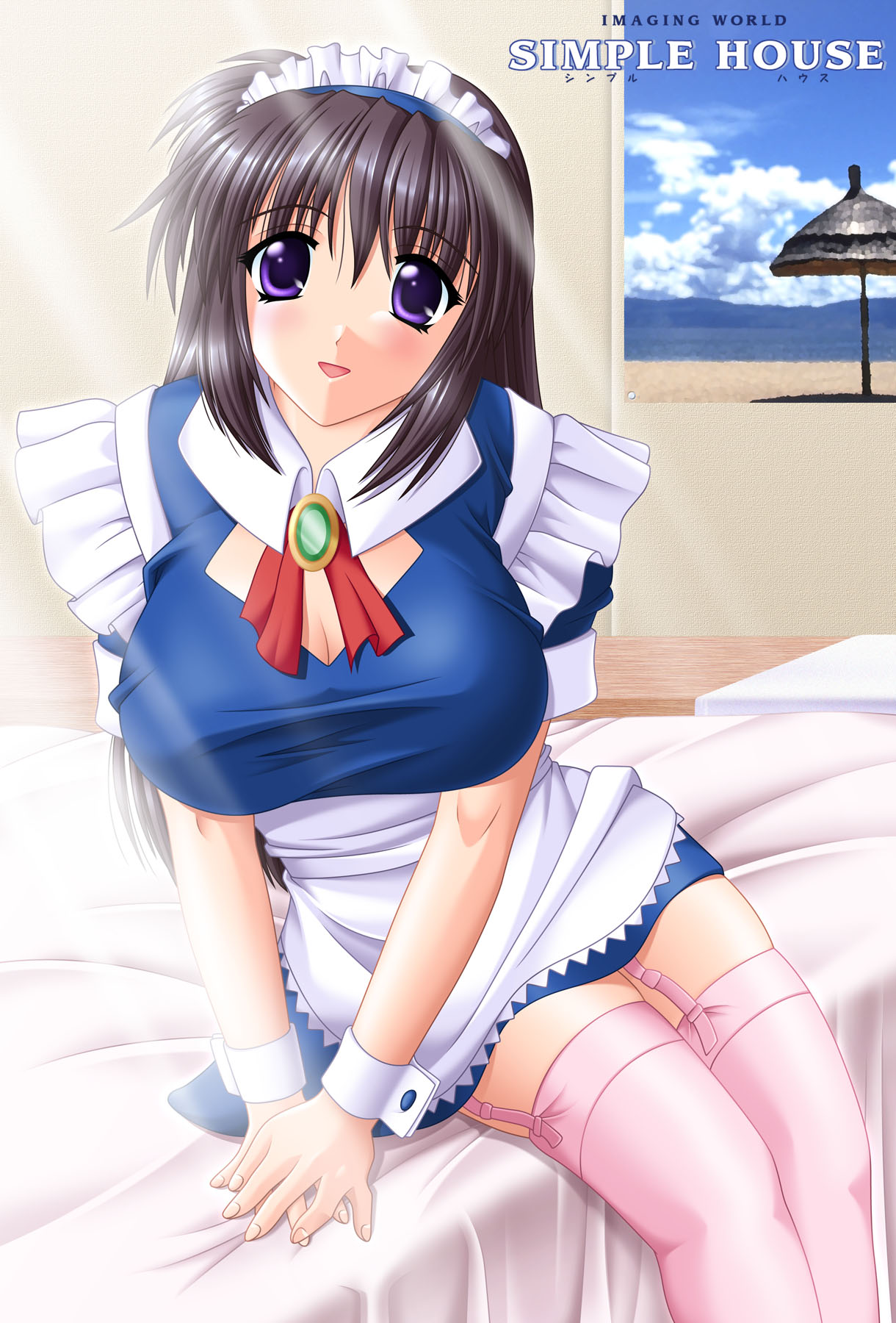 kafu (logaemon), highres, 1girl, breasts, cleavage, female focus, garter belt, garter straps, huge breasts, maid, maid headdress, pink thighhighs, purple eyes, shirt, solo, taut clothes, taut shirt, thighhighs