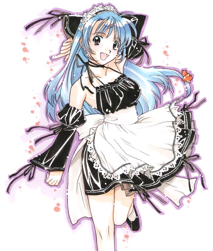 konasu (akanekotei), original, 1girl, apron, blue hair, blush, bow, clothes lift, detached sleeves, female focus, frills, gathers, lace, leg up, maid, maid apron, maid headdress, outline, purple eyes, purple outline, ribbon, skirt, skirt lift, smile, solo, standing, standing on one leg, white background