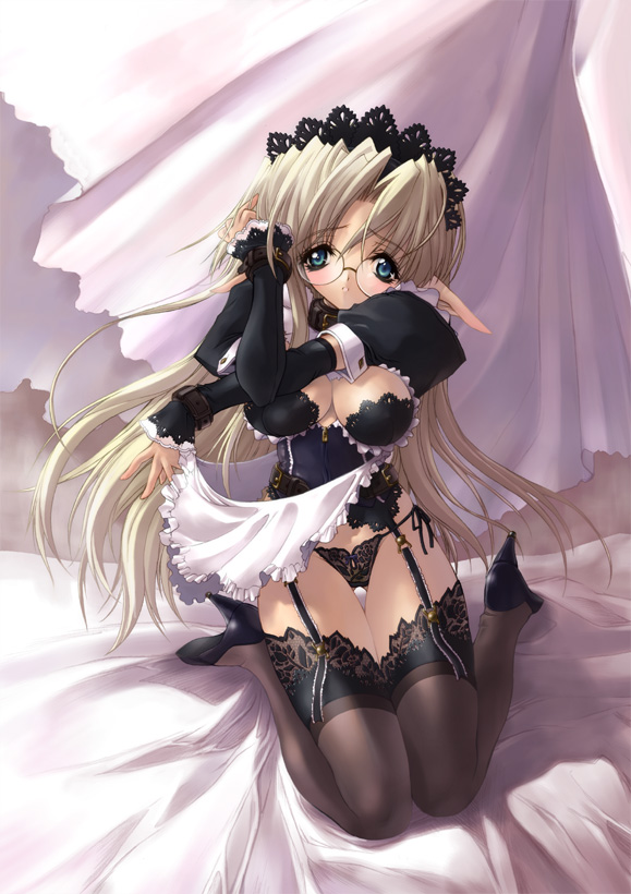 miwa yoshikazu, lace-trimmed legwear, duplicate, 1girl, bdsm, black panties, black thighhighs, blonde hair, bondage, bound, detached sleeves, elbow gloves, elf, female focus, garter belt, glasses, gloves, goth fashion, green eyes, headdress, high heels, kneeling, lace, lace trim, lingerie, maid, maid headdress, midriff, panties, pointy ears, shoes, side-tie panties, slave, solo, thigh gap, thighhighs, thighs, underwear
