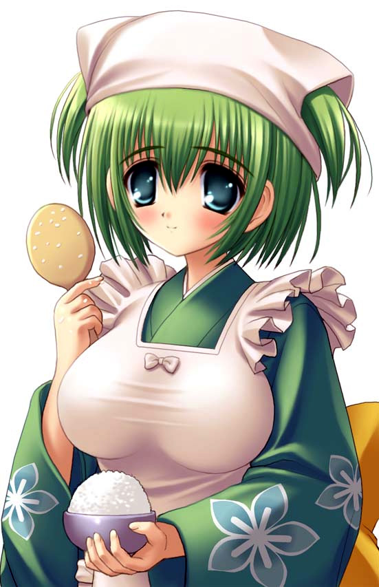 norita, haruno chigusa, meguri hitohira., 1girl, apron, blush, bowl, female focus, green hair, headscarf, japanese clothes, maid, maid apron, rice, rice bowl, shamoji, short hair, solo, wa maid, white headscarf