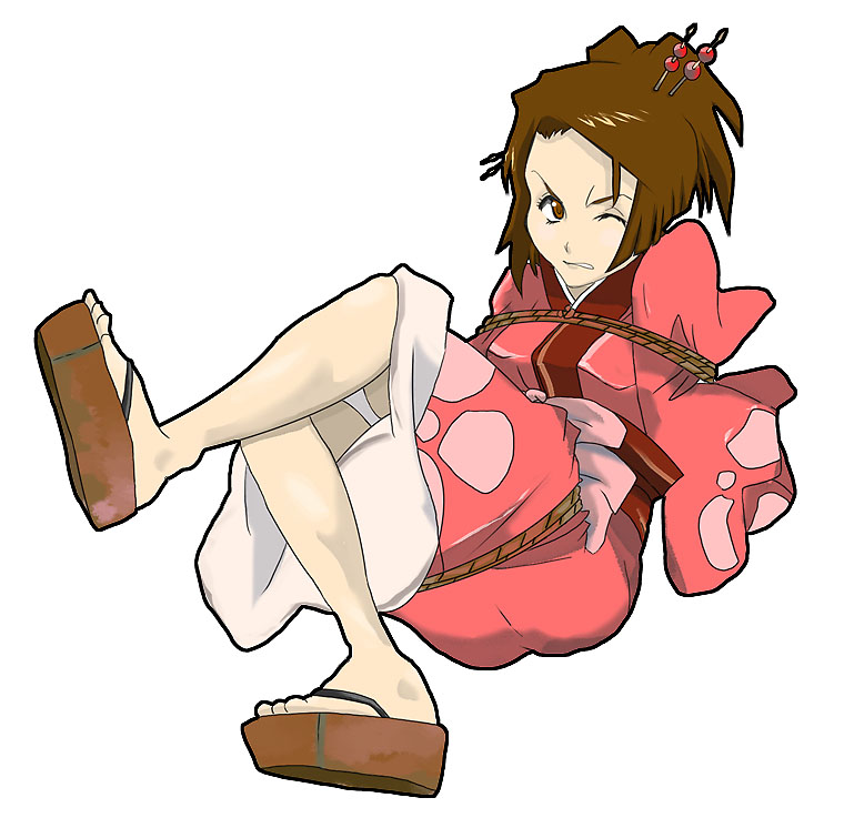 fuu (samurai champloo), samurai champloo, 00s, 1girl, bdsm, bondage, bound, brown eyes, brown hair, female focus, solo, wince