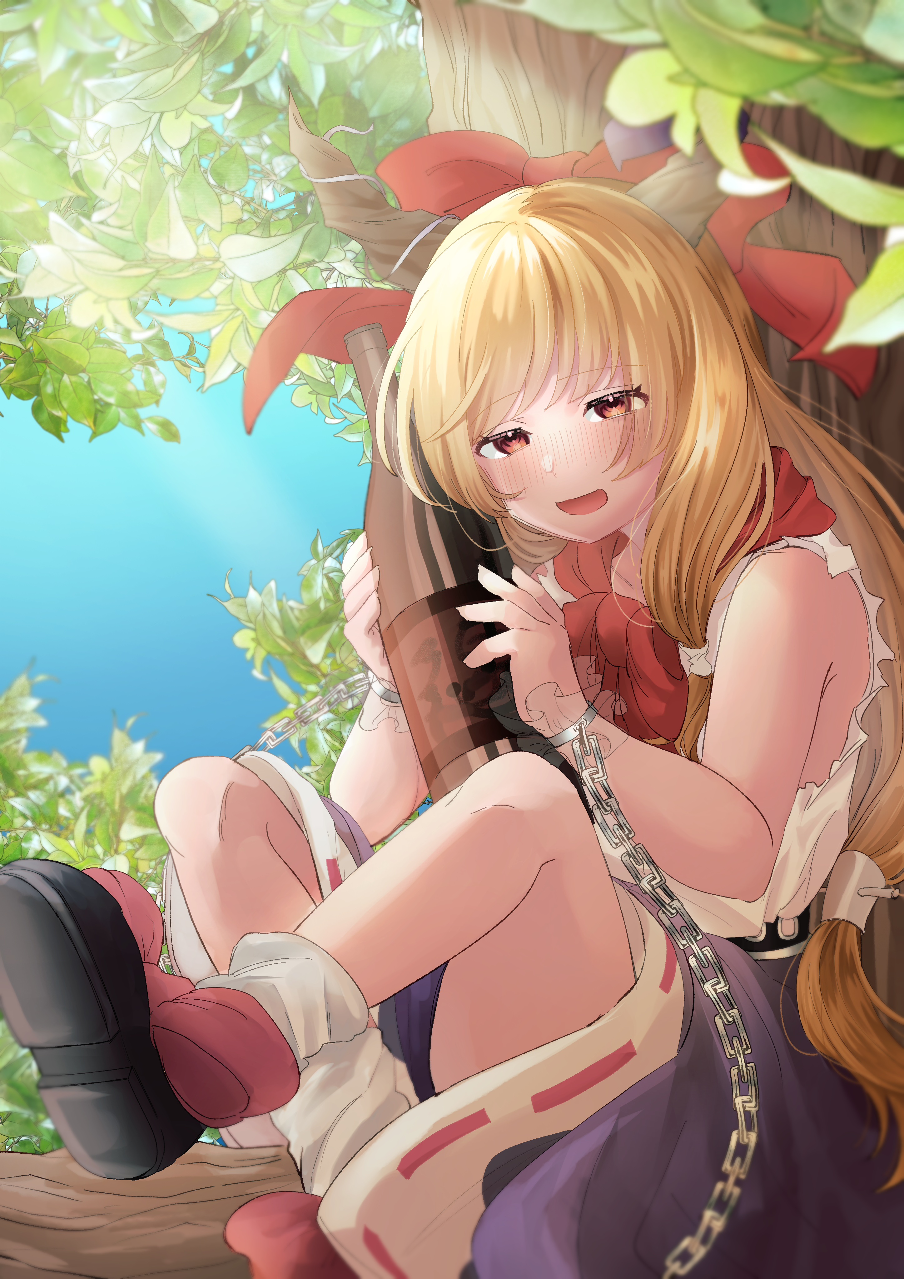 yoshino (q sci), ibuki suika, touhou, absurdres, commentary request, highres, 1girl, belt, black shoes, blonde hair, blue sky, blush, bottle, bow, bowtie, chain, crossed legs, cuffs, footwear bow, frilled wrist cuffs, frills, hair bow, holding, holding bottle, horns, in tree, knees up, leaf, long hair, narrowed eyes, open mouth, purple skirt, red bow, red bowtie, red eyes, ribbon-trimmed skirt, ribbon trim, shackles, shirt, shoe soles, shoes, sitting, sitting in tree, skirt, sky, sleeveless, sleeveless shirt, smile, solo, sunlight, tree, wrist cuffs