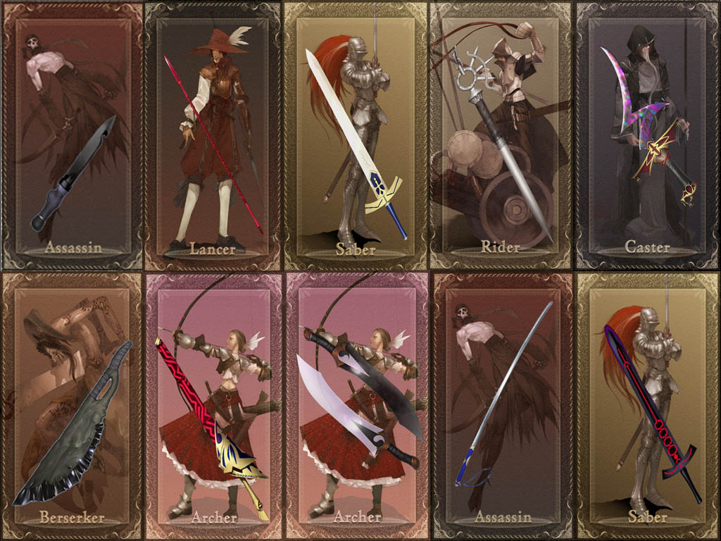 archer (fate), archer class (fate), artoria pendragon (fate), assassin class (fate), berserker class (fate), caster class (fate), cu chulainn (fate), cu chulainn (fate/stay night), ea (fate), heracles (fate), lancer class (fate), medea (caster) (fate), medea (fate), medusa (fate), medusa (rider) (fate), rider class (fate), saber (fate), saber class (fate), sasaki kojirou (fate), fate/stay night, fate (series), 00s, 1girl, 6+boys, armor, card, card (medium), dagger, everyone, excalibur (fate/stay night), excalibur morgan (fate), gae bolg (fate), kanshou & bakuya (fate), katana, knife, monohoshizao, multiple boys, nameless dagger (fate), polearm, rulebreaker, spear, sword, weapon