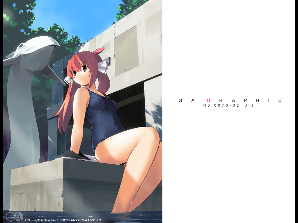 jiji (aardvark), gagraphic, copyright notice, day, one-piece swimsuit, outdoors, school swimsuit, sitting, solo, swimsuit, twintails