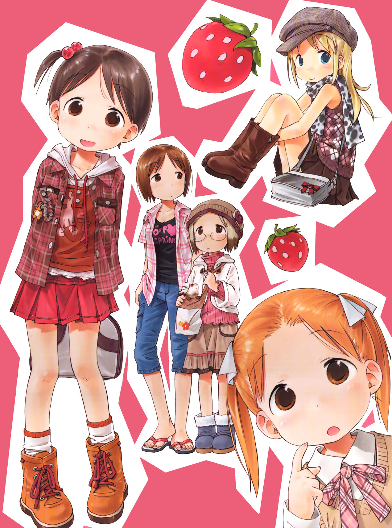 barasui, ana coppola, itou chika, itou nobue, john, matsuoka miu, sakuragi matsuri, ichigo mashimaro, highres, 5girls, blonde hair, blue eyes, child, everyone, ferret, food, fruit, hat, jacket, long hair, multiple girls, short hair, siblings, sisters, strawberry, twintails