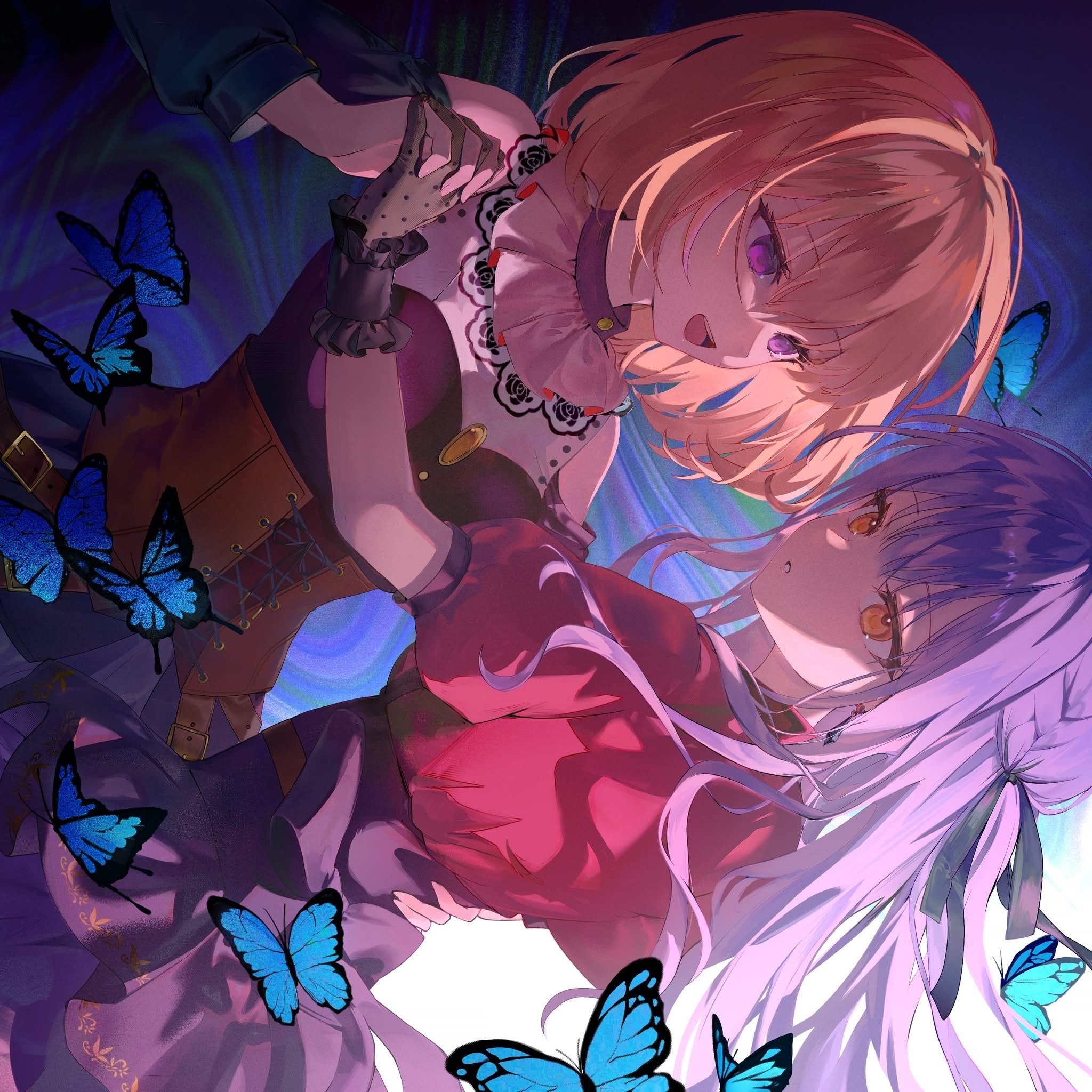 amano (amn amn), doloris (bang dream!), misumi uika, oblivionis (bang dream!), togawa sakiko, bang dream!, bang dream! it's mygo!!!!!, chinese commentary, commentary request, cropped, highres, 2girls, :d, :o, abstract background, back bow, bare shoulders, black bow, black corset, black gloves, black ribbon, black skirt, black sleeves, black wrist cuffs, blonde hair, blue background, blue butterfly, bob cut, bow, brooch, brown corset, bug, bustier, butterfly, corset, dancing, detached sleeves, dip (dance move), dutch angle, empty eyes, expressionless, floral print, frilled wrist cuffs, frills, gem, gloves, hair ribbon, hand on another's back, holding hands, insect, interlocked fingers, jewelry, long hair, looking ahead, looking at another, multiple girls, one side up, open mouth, orange eyes, parted lips, polka dot, polka dot gloves, puffy short sleeves, puffy sleeves, purple eyes, purple hair, red shirt, ribbon, shirt, short hair, short sleeves, skirt, sleeveless, smile, underlighting, wrist cuffs, yellow brooch, yellow gemstone, yuri