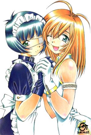 shiozaki yuji, ryomou shimei, sonsaku hakufu, ikkitousen, lowres, 00s, 2girls, apron, armlet, black hair, blue gloves, breast press, breasts, brown hair, china dress, chinese clothes, dress, eyepatch, gloves, green eyes, holding hands, jewelry, long hair, looking at viewer, maid, maid headdress, medium breasts, multiple girls, one eye closed, open mouth, ribbon, short hair, symmetrical docking, white apron, white gloves, yellow ribbon, yuri, zipper