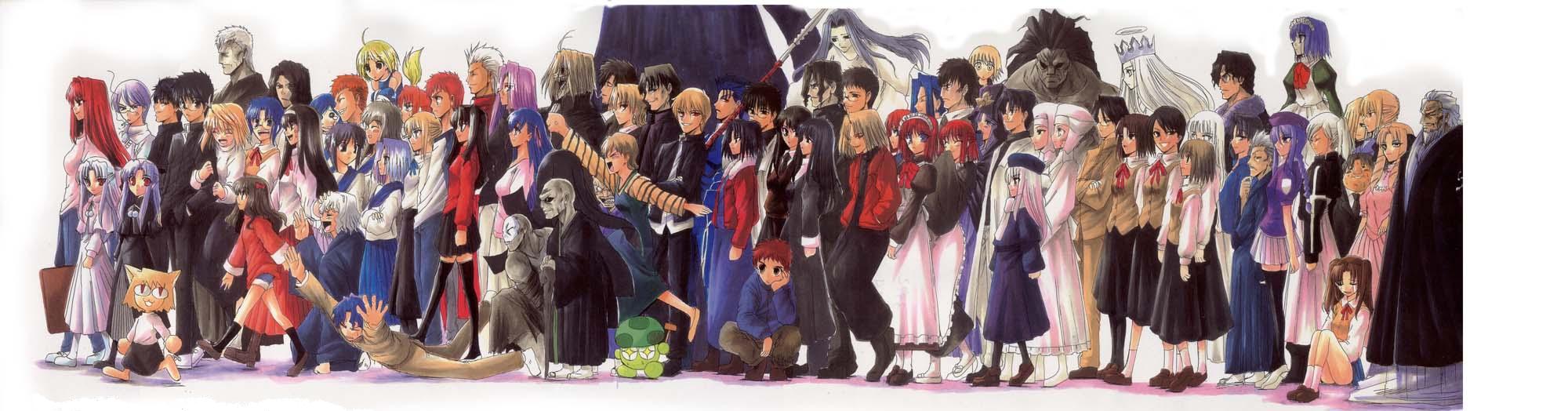 tapo, aozaki aoko, aozaki touko, aozaki touko (original design), araya souren, archer (fate), arcueid brunestud, arima miyako, artoria pendragon (fate), asagami fujino, bazett fraga mcremitz, bedivere (fate), ciel (tsukihime), cu chulainn (fate), cu chulainn (fate/stay night), emiya kiritsugu, emiya shirou, enjou tomoe, fujimura raiga, fujimura taiga, fujou kirie, gilgamesh (fate), gilgamesh (immoral biker jacket) (fate), hassan of the cursed arm (fate), heracles (fate), himuro kane, hisui (tsukihime), illyasviel von einzbern, inui arihiko, inui ichigo, inui ichiko, jinan sougen, jinan tokie, justeaze lizrich von einzbern, justica von einzbern, kischur zelretch schweinorg, kishima kouma, kohaku (tsukihime), kokutou azaka, kokutou mikiya, kotomine kirei, kugamine tonami, kurogiri satsuki, kuzuki souichirou, len (tsukihime), leysritt (fate), luviagelita edelfelt, makidera kaede, matou sakura, matou shinji, matou zouken, mecha hisui, medea (caster) (fate), medea (fate), medusa (fate), medusa (rider) (fate), michael roa valdamjong, misawa hanei, mitsuzuri ayako, nanako, nanako (tsukihime), nanaya shiki, narbareck, nasu kinoko, neco-arc, night of wallachia, nise-shiki, nrvnqsr chaos, riesbyfe stridberg, ryougi shiki, ryuudou issei, saber (fate), saegusa yukika, sasaki kojirou (fate), sella (fate), seo akira, shijou tsukasa, shirazumi lio, sion eltnam (type-moon), sion eltnam atlasia, tohno akiha, tohno shiki, tohno shiki (2), tohsaka rin, tonami kugamine, tsukihime souka, white len (tsukihime), yumizuka satsuki, fate/hollow ataraxia, fate/stay night, fate (series), kara no kyoukai, melty blood, tsukihime, type-moon, annotated, annotation request, duplicate, highres, long image, spoilers, wide image, 00s, 6+boys, 6+girls, absolutely everyone, black dress, blonde hair, brother and sister, brothers, company connection, dark-skinned male, dark skin, dress, dress of heaven, everyone, father and daughter, father and son, guimpe, jacket, long dress, long sleeves, multiple boys, multiple girls, official alternate costume, pantyhose, red hair, red jacket, reien girl's academy school uniform, school uniform, siblings, sisters, sitting, sleeve cuffs, standing, thighhighs, thighs, twins