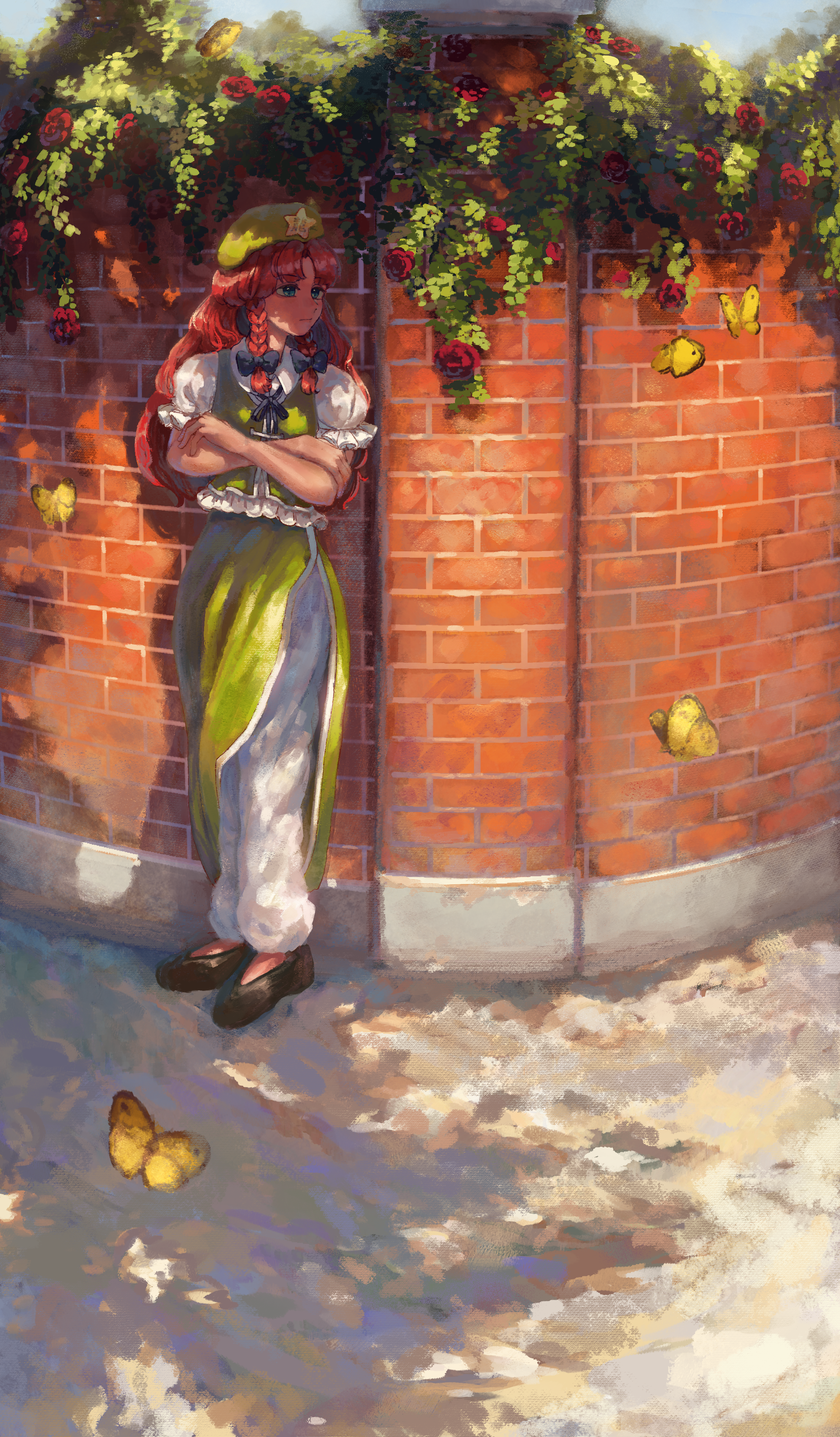 nanaironokabi, hong meiling, touhou, absurdres, commentary request, highres, 1girl, black bow, black ribbon, blue eyes, bow, braid, brick wall, brown shoes, bug, butterfly, closed mouth, crossed arms, expressionless, flower, green hat, green skirt, green vest, hair bow, hat, hat ornament, insect, long hair, long skirt, looking to the side, pants, plant, puffy sleeves, red flower, red hair, red rose, ribbon, rose, shadow, shirt, shoes, side slit, skirt, solo, star (symbol), star hat ornament, twin braids, vest, vines, white pants, white shirt, yellow butterfly