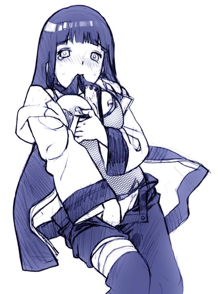 nekomata naomi, hyuuga hinata, naruto (series), naruto shippuuden, 1girl, blush, breasts, clothes pull, female focus, female masturbation, fingering, large breasts, long sleeves, masturbation, monochrome, mouth hold, pants, pants pull, pulling own clothes, shirt pull, solo, unbuttoned, unmoving pattern, unzipped