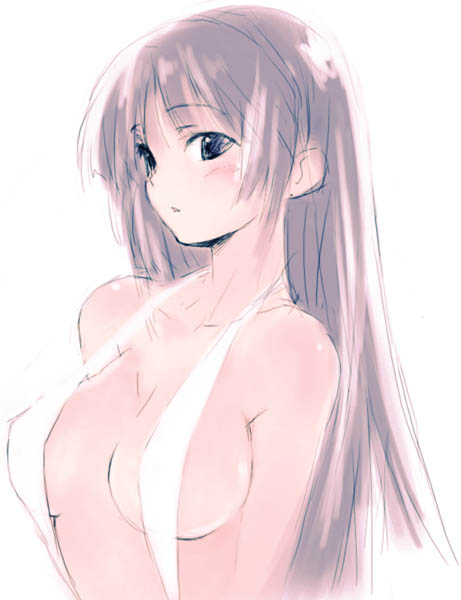 kawata hisashi, original, 1girl, arms at sides, bikini, blue eyes, breasts, breasts apart, brown hair, female focus, from side, halterneck, large breasts, long hair, one-piece swimsuit, parted bangs, simple background, slingshot swimsuit, solo, swimsuit, white background, white one-piece swimsuit, white slingshot swimsuit