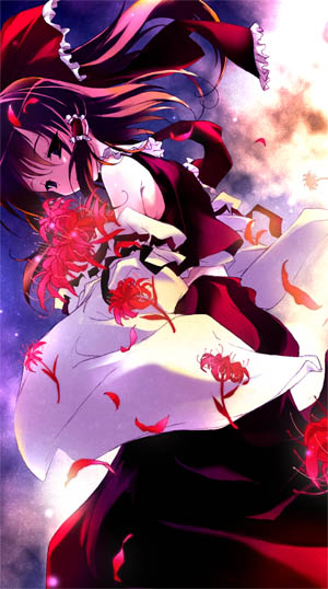 fujiwara warawara, hakurei reimu, touhou, 1girl, bare shoulders, black hair, bow, detached sleeves, female focus, flower, hair bow, looking back, short hair, solo