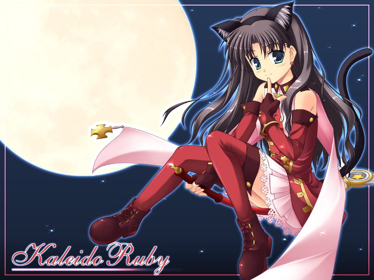 yuki (white garden), kaleido ruby, tohsaka rin, toosaka rin, fate/stay night, fate (series), 00s, 1girl, animal ears, aqua eyes, black hair, boots, cat ears, cat tail, earrings, elbow gloves, female focus, finger to mouth, fingerless gloves, full moon, gloves, jewelry, long hair, moon, red gloves, red thighhighs, sitting, smile, solo, star (symbol), tail, thighhighs, two side up, wand