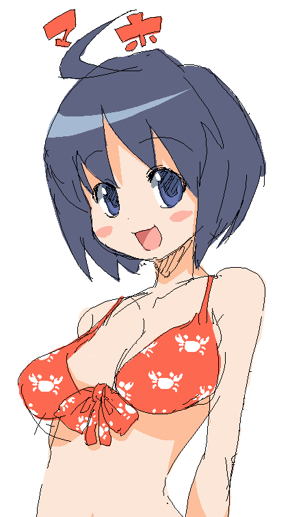 onija tarou, katagiri himeko, maho, pani poni dash!, 00s, ahoge, bikini, blue eyes, blue hair, front-tie bikini top, front-tie top, oekaki, red bikini, short hair, simple background, swimsuit, white background