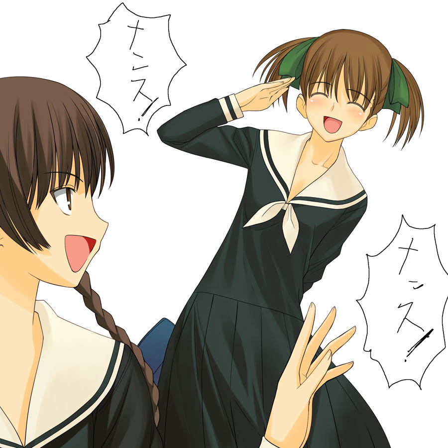 a1 (initial-g), fukuzawa yumi, shimazu yoshino, maria-sama ga miteru, 00s, 2girls, arm behind back, brown hair, closed eyes, looking back, multiple girls, profile, salute, school uniform, simple background, smile