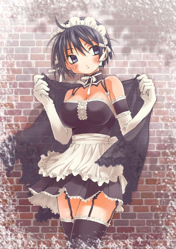 tsubaki asu, sawatari izumi, kore ga watashi no goshujin-sama, looking away, white neckwear, 00s, 1girl, ahoge, apron, arm garter, bare shoulders, black thighhighs, blush, breasts, brick wall, choker, cowboy shot, detached collar, elbow gloves, female focus, frilled apron, frilled thighhighs, frills, garter straps, gloves, looking to the side, maid, maid headdress, medium breasts, nakabayashi yoshitaka's maid uniform, no bra, running bond, see-through clothes, shawl, short hair, solo, standing, thighhighs, waist apron, white gloves, zettai ryouiki