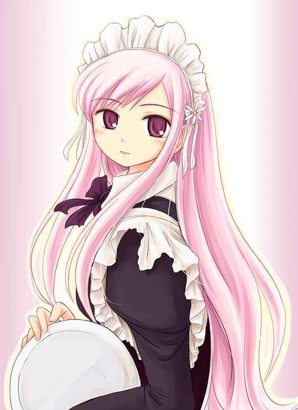 ryp, lucy maria misora, to heart (series), to heart 2, 00s, 1girl, female focus, long hair, maid, pink background, pink hair, red eyes, simple background, solo, white background