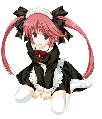 onnanoko suwari, hayami yumi, homemaid, jpeg artifacts, lowres, 1girl, apron, arm support, between legs, black dress, black ribbon, dress, female focus, frilled apron, frills, from above, full body, hair ribbon, hand between legs, long sleeves, looking at viewer, maid, maid apron, maid headdress, mary janes, open mouth, purple eyes, red hair, ribbon, shoes, simple background, sitting, solo, thighhighs, twintails, waist apron, wariza, white background, white shoes, white thighhighs