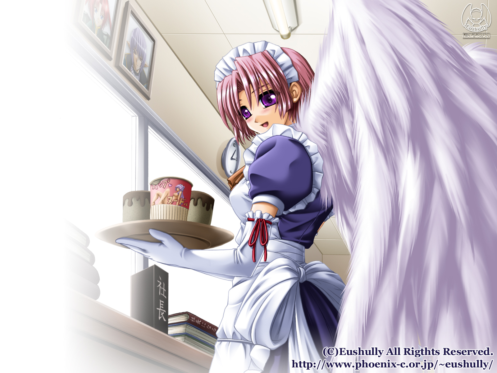 hatozuki tsumiki, celica sylphil, eushully-chan, louie marshrun, eushully, ikusa megami, ikusa megami (series), meishoku no reiki, lights, highres, official art, official wallpaper, 1girl, :d, angel, angel wings, apron, ascot, blush, book, boots, bow, ceiling, clock, cup ramen, desk, dress, elbow gloves, female focus, food, frills, gloves, holding, looking back, maid, maid apron, maid headdress, open mouth, photo (object), pink hair, plate, profile, purple eyes, ribbon, ribbon-trimmed gloves, ribbon trim, short hair, smile, solo, standing, typo, waitress, wall clock, watermark, web address, white gloves, window, wings