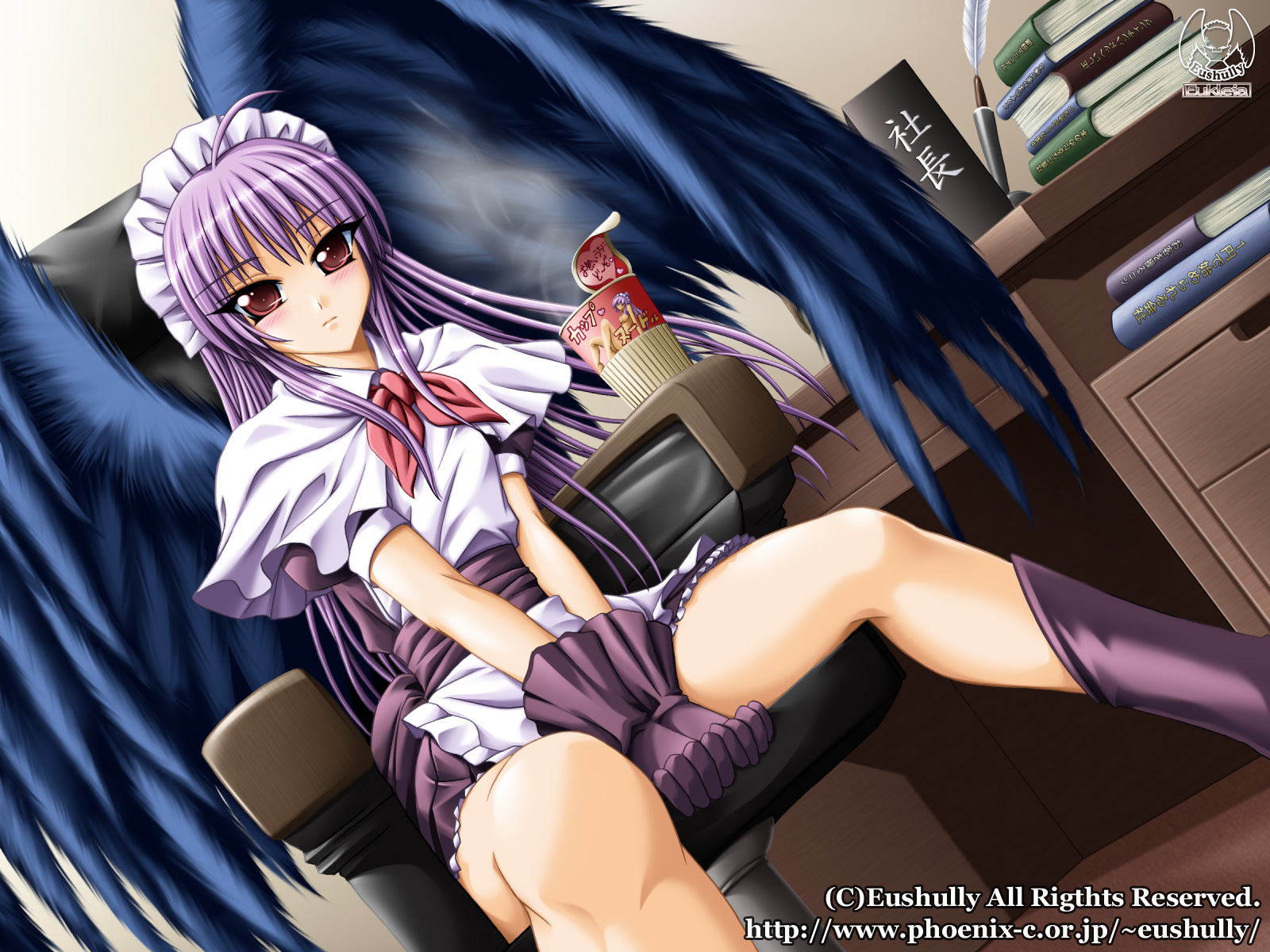 hatozuki tsumiki, black eushully-chan, meishoku no reiki, purple legwear, highres, official art, official wallpaper, 1girl, ahoge, angel, angel wings, between thighs, black wings, blush, book, boots, capelet, chair, cup ramen, desk, dutch angle, embarrassed, feathers, female focus, flat chest, food, frills, gloves, knee boots, long hair, looking at viewer, maid, maid headdress, neck ribbon, office chair, pink eyes, purple boots, purple hair, quill, ribbon, sash, sidelocks, sitting, solo, spread legs, steam, swivel chair, v arms, watermark, web address, wings