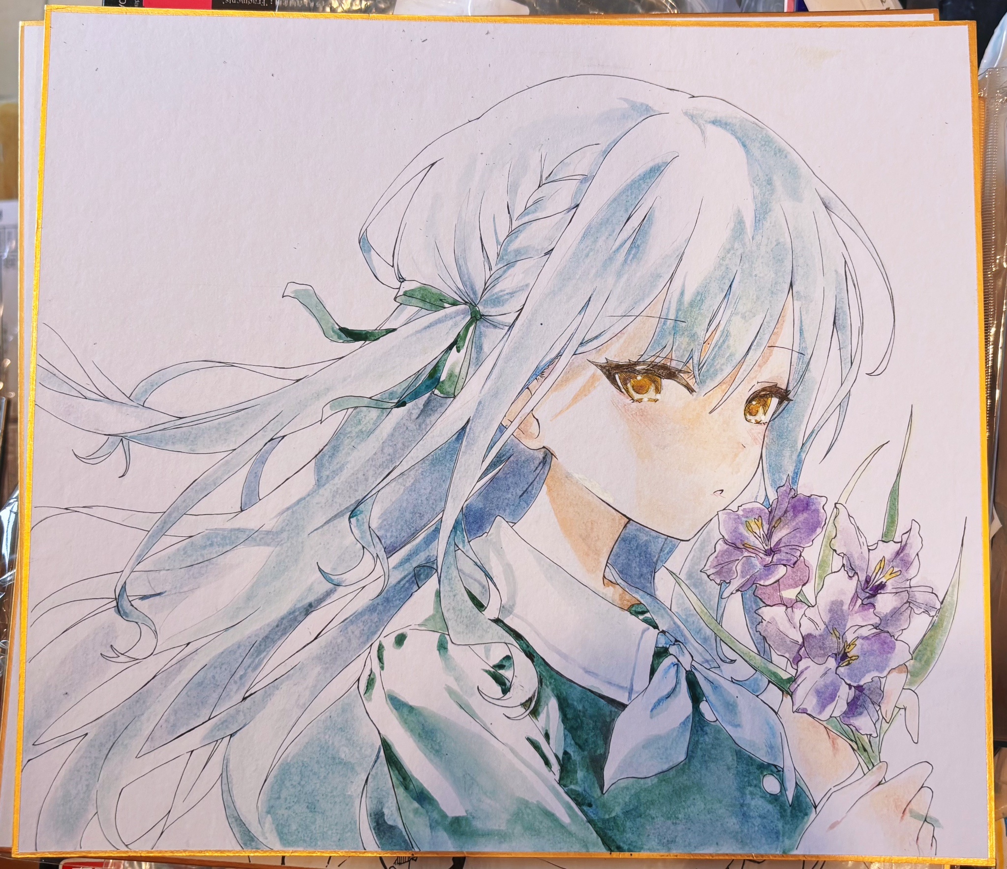amano (amn amn), togawa sakiko, bang dream!, bang dream! it's mygo!!!!!, chinese commentary, commentary request, flower request, highres, photo (medium), traditional media, 1girl, :o, blue hair, blue shirt, braid, expressionless, floating hair, flower, from side, green ribbon, hair ribbon, hands up, holding, holding flower, light blush, long hair, looking at viewer, looking to the side, neckerchief, one side up, parted lips, portrait, purple flower, ribbon, sailor collar, sailor shirt, school uniform, shikishi, shirt, sideways glance, simple background, solo, tsukinomori school uniform, white background, white neckerchief, white sailor collar, yellow eyes