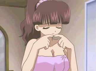 mizuki miku, usagi-chan de cue, breast hold, animated, animated gif, anime screenshot, lowres, 00s, 1990s (style), 1girl, ass, back, blue eyes, blush, breasts, brown hair, covering breasts, covering privates, female focus, from behind, looking back, mirror, naked towel, nipples, nude, nude cover, ponytail, reflection, retro artstyle, solo, towel, towel slip, wardrobe malfunction