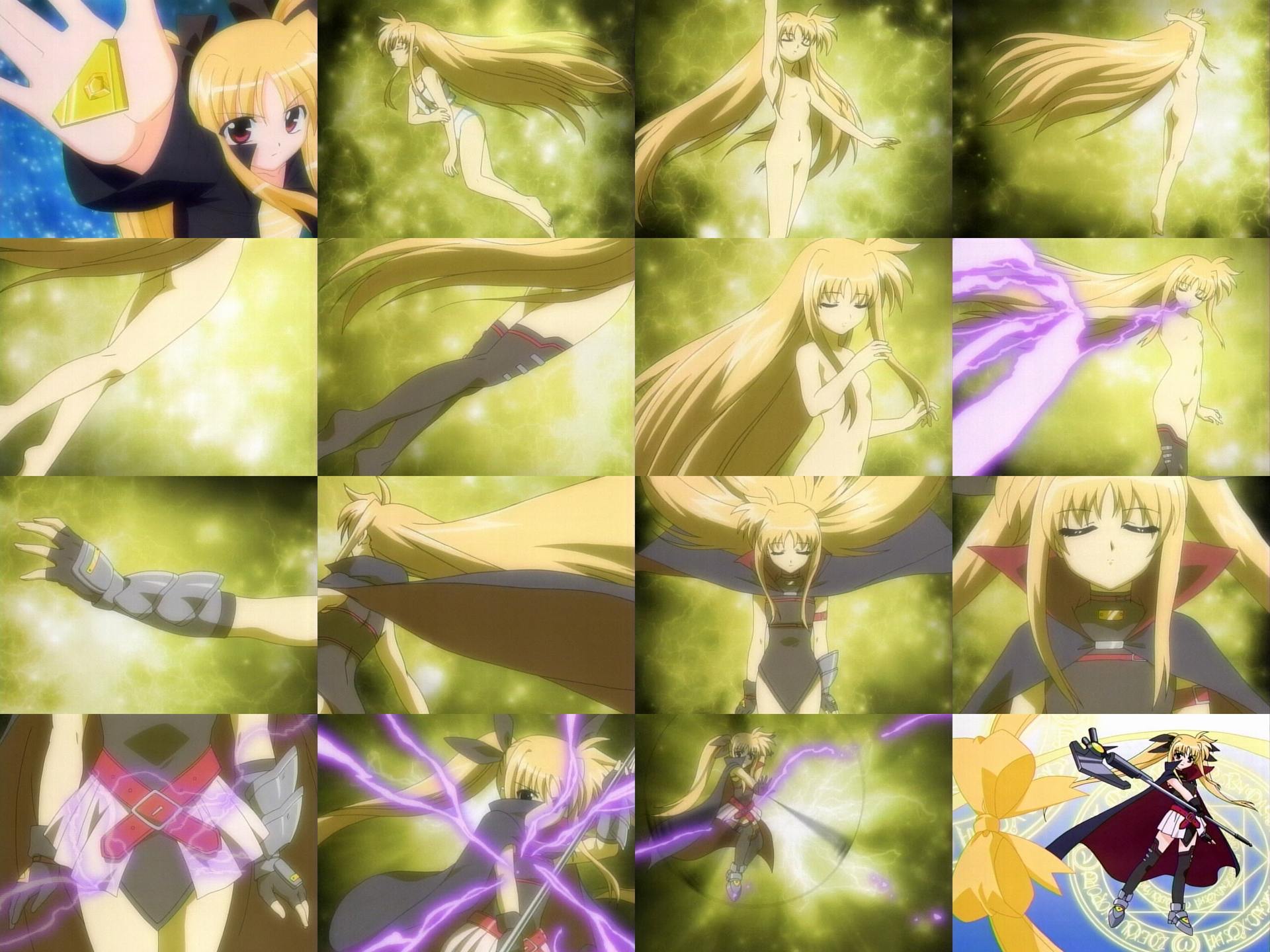 bardiche (nanoha), fate testarossa, lyrical nanoha, mahou shoujo lyrical nanoha, mahou shoujo lyrical nanoha a's, anime screenshot, highres, 00s, 1girl, alternate hairstyle, arm strap, arm up, armor, armpits, ass, axe, barefoot, belt, belt bra, belt skirt, black gloves, black thighhighs, blonde hair, bodysuit, bow, bra, buckle, cape, close-up, closed eyes, collage, elbow gloves, electricity, fingerless gloves, flat chest, floating hair, gauntlets, gloves, glowing, groin, hair bow, hair down, hair ribbon, holding, holding own arm, holding weapon, kneepits, leotard, long hair, looking at viewer, magic circle, magical girl, miniskirt, motion blur, multiple views, navel, no bra, no nipples, nude, outstretched arm, panties, parted bangs, pelvic curtain, pleated skirt, polearm, red eyes, ribbon, runes, sequential, serious, showgirl skirt, sidelocks, skirt, spinning, thighhighs, training bra, transformation, twintails, underwear, very long hair, weapon, white bra, white panties