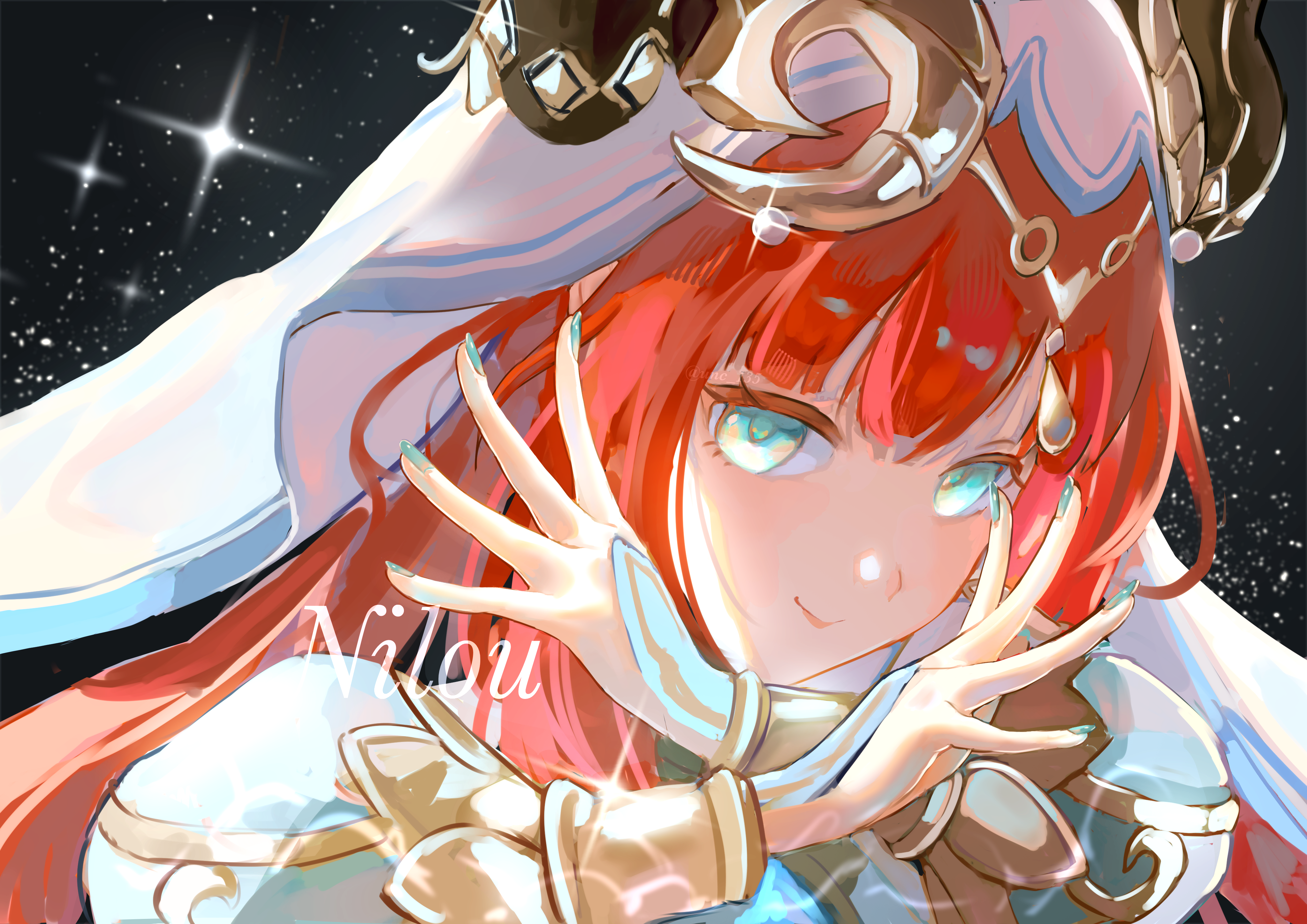 giuniu (unc 135), nilou (genshin impact), genshin impact, absurdres, commentary request, highres, partial commentary, 1girl, aqua eyes, aqua nails, character name, closed mouth, dark background, fake horns, hands up, harem outfit, horns, long hair, looking at viewer, portrait, red hair, smile, solo, veil, white veil