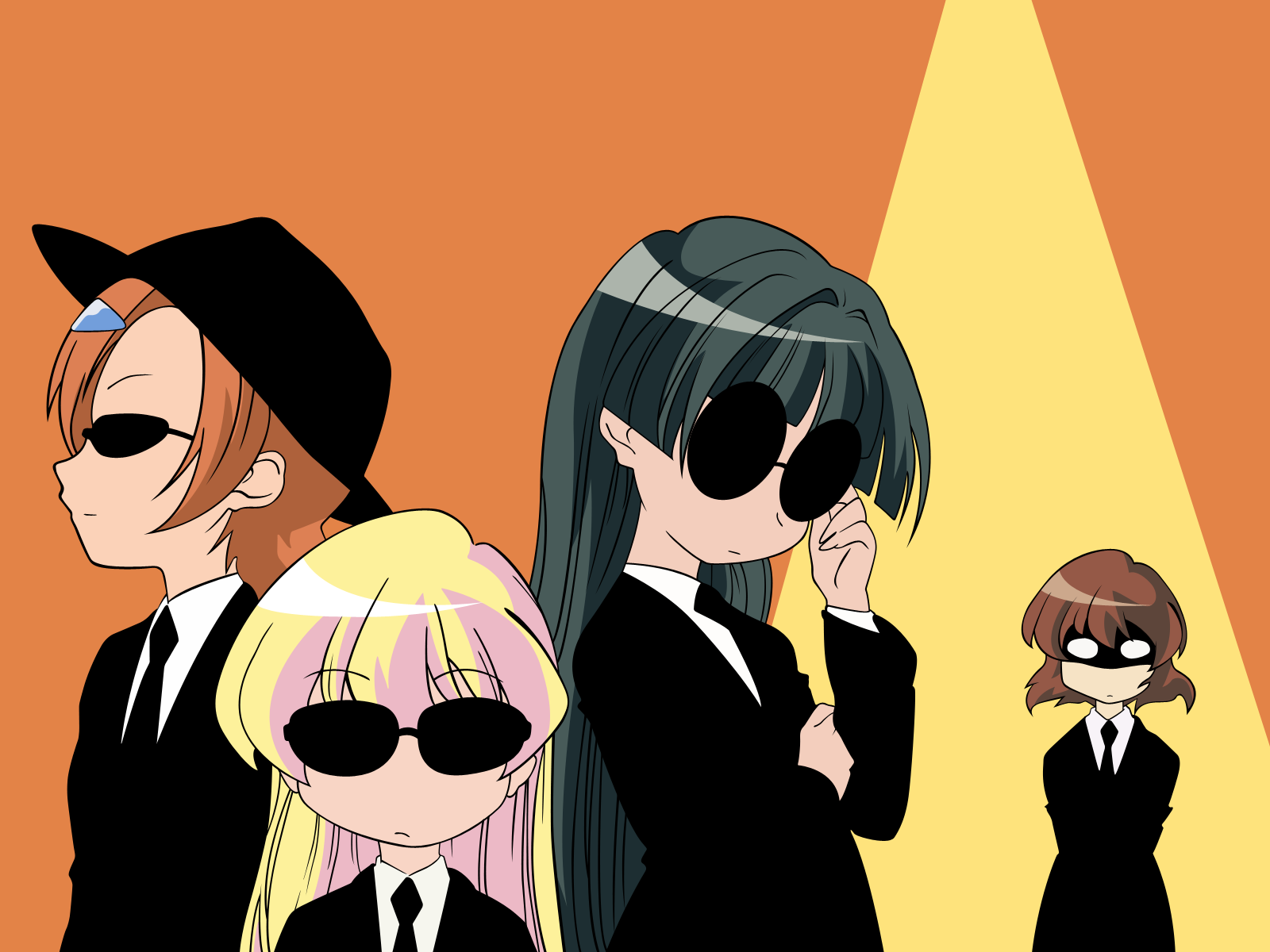 ichijou, rebecca miyamoto, tachibana rei, uehara miyako, men in black, mib, pani poni dash!, derivative work, highres, vector trace, 00s, 4girls, adjusting eyewear, alternate costume, black suit, blonde hair, child, formal clothes, hair ornament, hairclip, hat, height difference, long hair, multiple girls, necktie, o o, profile, serious, shaded face, short hair, suit, sunglasses, very long hair