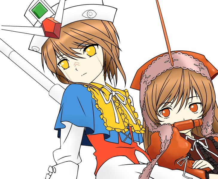 rx-78-2 gundam, souseiseki, suiseiseki, zaku, zaku ii, zaku ii s char custom, gundam, mobile suit gundam, rozen maiden, 00s, 2girls, covered mouth, heterochromia, long hair, mecha musume, multiple girls, red eyes, short hair, simple background, very long hair, white background, yellow eyes