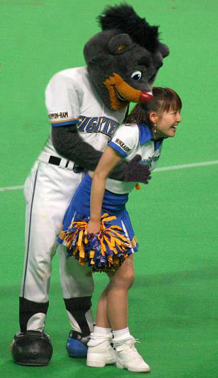 photo (medium), 1boy, 1girl, breasts, cheerleader, grabbing another's breast, groping, hetero, mascot, what, you gonna get raped