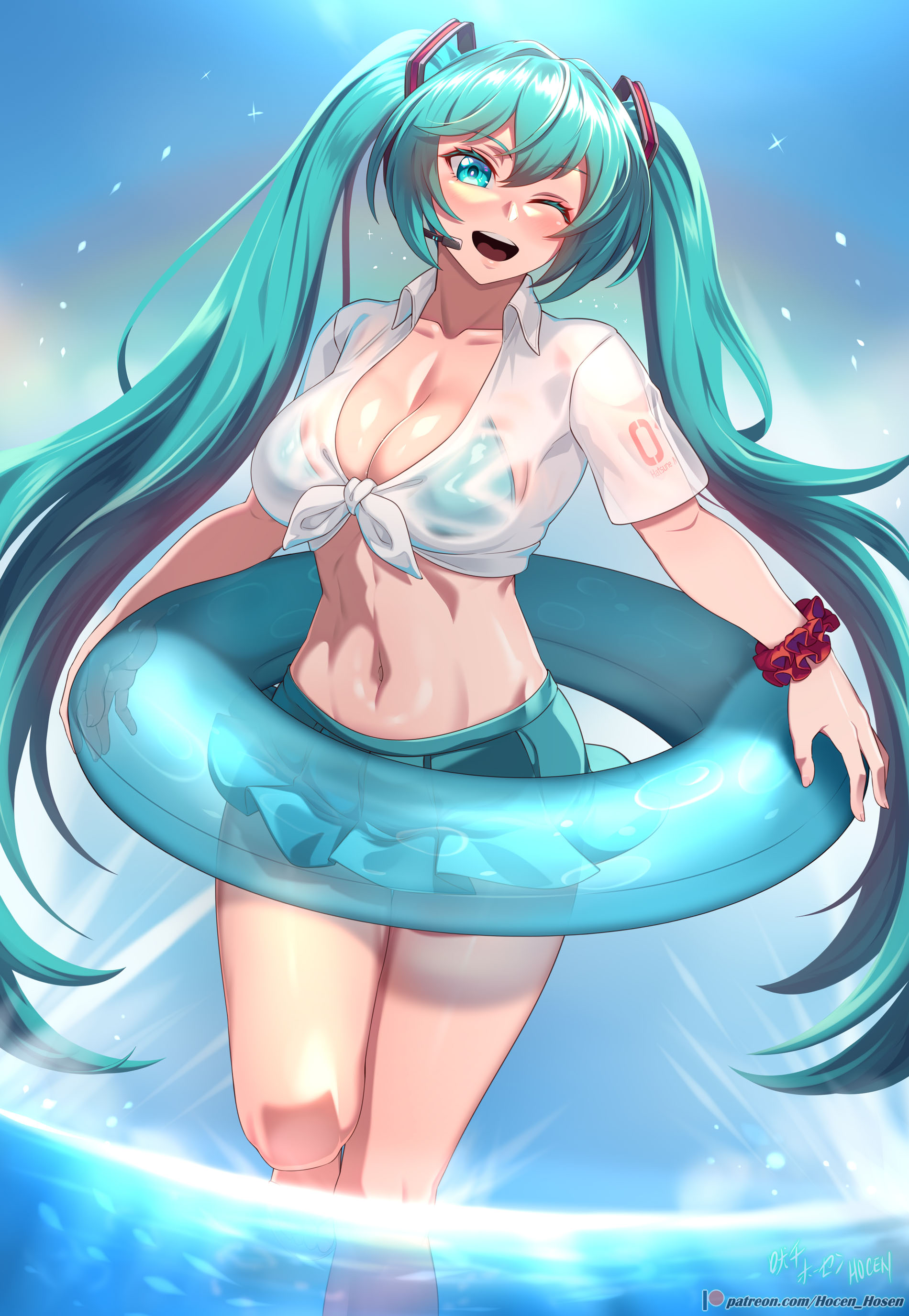 vilde loh hocen, hatsune miku, vocaloid, absurdres, highres, variant set, 1girl, aqua bikini, aqua eyes, aqua hair, aqua skirt, bikini, breasts, cleavage, innertube, large breasts, long hair, looking at viewer, microphone, navel, one eye closed, open mouth, scrunchie, shirt, shoulder tattoo, skirt, smile, solo, standing, standing on one leg, stomach, swim ring, swimsuit, tattoo, twintails, very long hair, wet, wet clothes, wet shirt, white shirt, wrist scrunchie