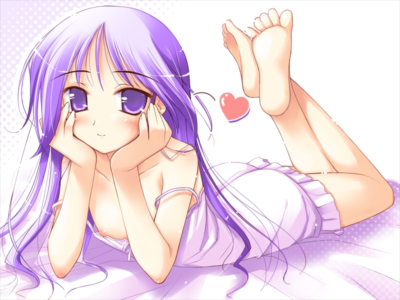 ko~cha, watarase jun, happiness!, game cg, 00s, 1boy, barefoot, blush, feet, flat chest, heart, lingerie, long hair, lying, male focus, nightgown, nipple slip, nipples, on stomach, pajamas, purple eyes, purple hair, smile, soles, solo, strap slip, toes, trap, underwear