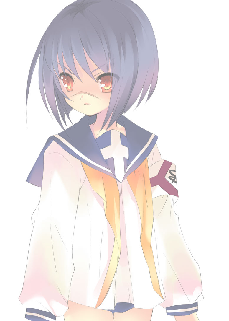 ito noizi, tsumura tokiko, busou renkin, 00s, 1girl, armband, blue hair, blue sailor collar, bob cut, female focus, long sleeves, no pants, orange eyes, sailor collar, scar, school uniform, serafuku, solo