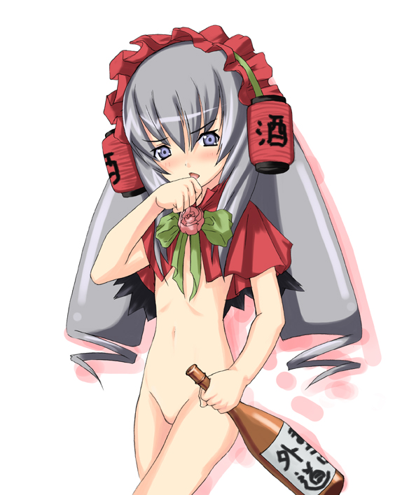 akachouchin, futaba channel, rozen maiden, artist request, 00s, 1girl, alcohol, bottle, female focus, loli, nude, sake, solo, underage drinking