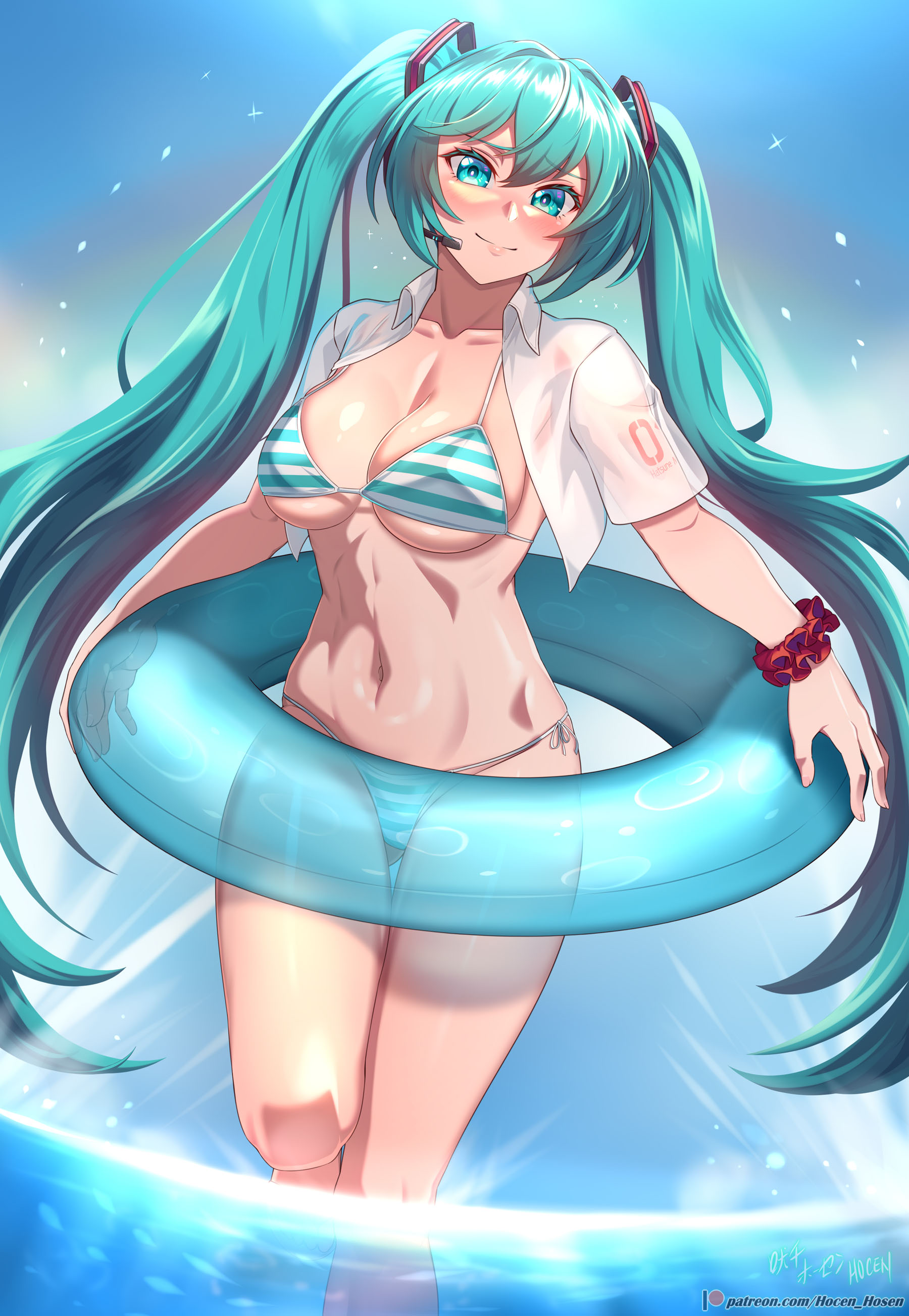 vilde loh hocen, hatsune miku, vocaloid, absurdres, highres, variant set, 1girl, aqua bikini, aqua eyes, aqua hair, bikini, breasts, cleavage, closed mouth, innertube, large breasts, long hair, looking at viewer, microphone, navel, one eye closed, open clothes, open shirt, scrunchie, shirt, shoulder tattoo, smile, solo, standing, standing on one leg, stomach, striped bikini, striped clothes, swim ring, swimsuit, tattoo, twintails, very long hair, wet, wet clothes, wet shirt, white shirt, wrist scrunchie