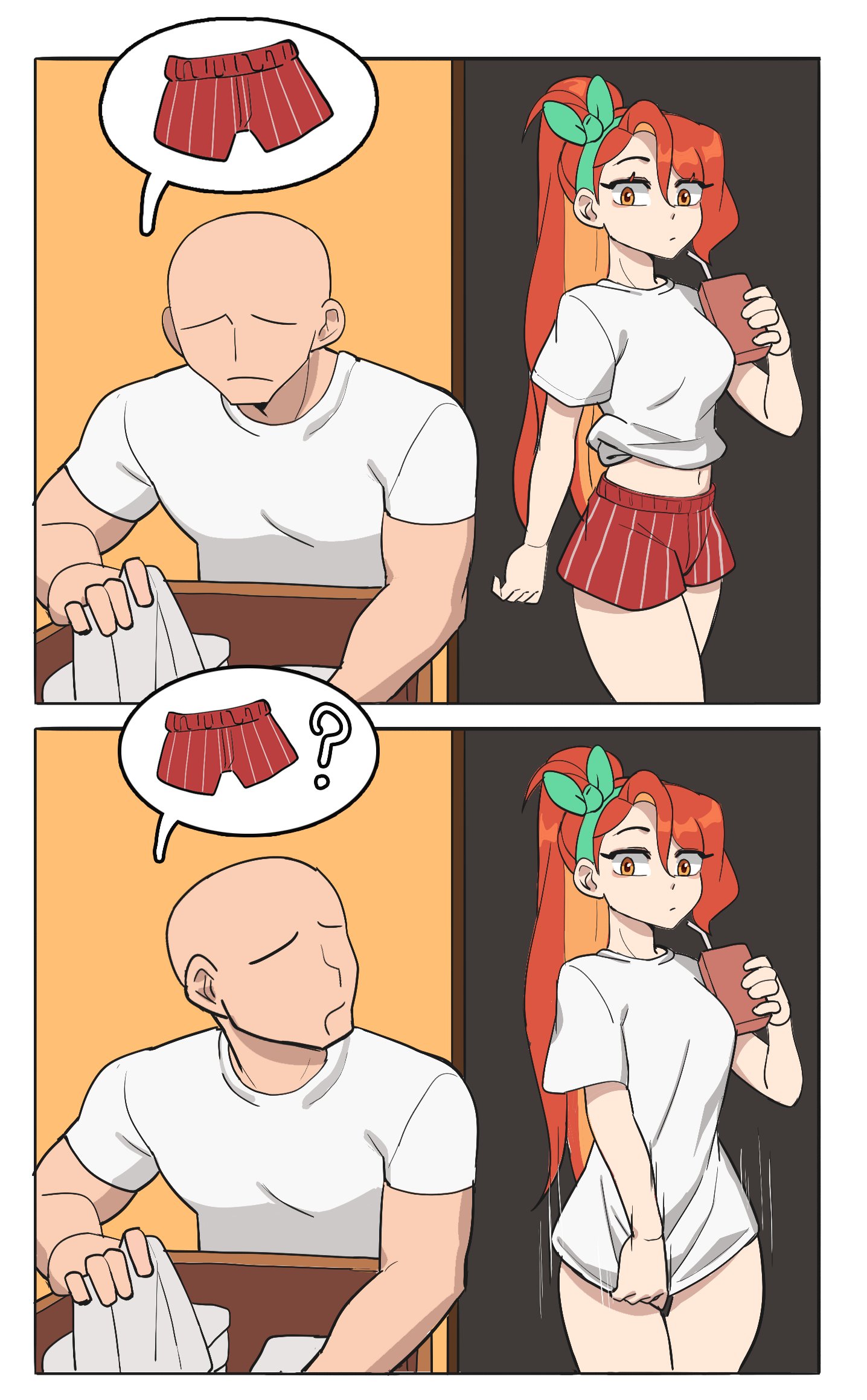 hyyun ho, june (hyyun ho), original, commentary, english commentary, highres, 1boy, 1girl, bald, border, breasts, drink, faceless, faceless male, green ribbon, hair ribbon, high ponytail, holding, holding drink, long hair, medium breasts, midriff, navel, orange eyes, orange hair, outside border, ponytail, red shorts, ribbon, shirt, shirt tug, short shorts, shorts, spoken clothes, white border, white shirt