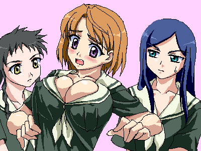 sanshita, kuga natsuki, minagi mikoto, tokiha mai, maria-sama ga miteru, my-hime, lowres, 3girls, blush, breast envy, breasts, bursting breasts, cleavage, covered erect nipples, crossover, embarrassed, large breasts, looking at breasts, multiple girls, oekaki, parody, school uniform, serafuku, staring, sweatdrop