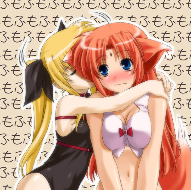 umekichi, arf, fate testarossa, lyrical nanoha, mahou shoujo lyrical nanoha, looking away, duplicate, 00s, 2girls, :d, age difference, animal ears, armpits, arms around neck, bare shoulders, belt bra, blonde hair, blue eyes, blush, bow, breast press, breasts, breasts squeezed together, buckle, cleavage, cleavage cutout, closed eyes, clothing cutout, collar, crop top, familiar, forehead jewel, fox ears, fox tail, from side, frown, gem, hair ribbon, halterneck, hand on another's shoulder, hug, leotard, long hair, magical girl, midriff, motion lines, multiple girls, naughty face, navel, nervous, onee-loli, open mouth, orange hair, outline, own hands together, parted bangs, red hair, ribbon, sideboob, sidelocks, small breasts, smile, tail, text focus, turtleneck, twintails, upper body, v arms, very long hair, wolf ears, wolf tail, yuri