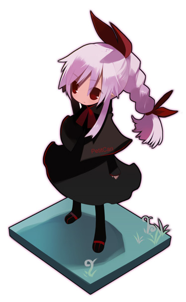 puti devil, original, braid, dress, grass, isometric, long hair, pink hair, pointy ears, red eyes, solo, standing