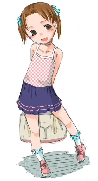 sody, matsuoka miu, ichigo mashimaro, 1girl, brown hair, camisole, child, female focus, hair ornament, hair ribbon, open mouth, parted bangs, ribbon, short twintails, skirt, socks, solo, twintails
