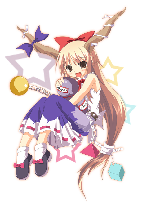 ibuki suika, touhou, 1girl, :d, belt, blonde hair, blush, bow, brown eyes, chain, female focus, full body, gourd, hair bow, horns, large bow, long hair, looking at viewer, low-tied long hair, open mouth, ponytail, shoes, simple background, sitting, skirt, smile, socks, solo, star (symbol), studded belt, very long hair, white socks, yellow eyes