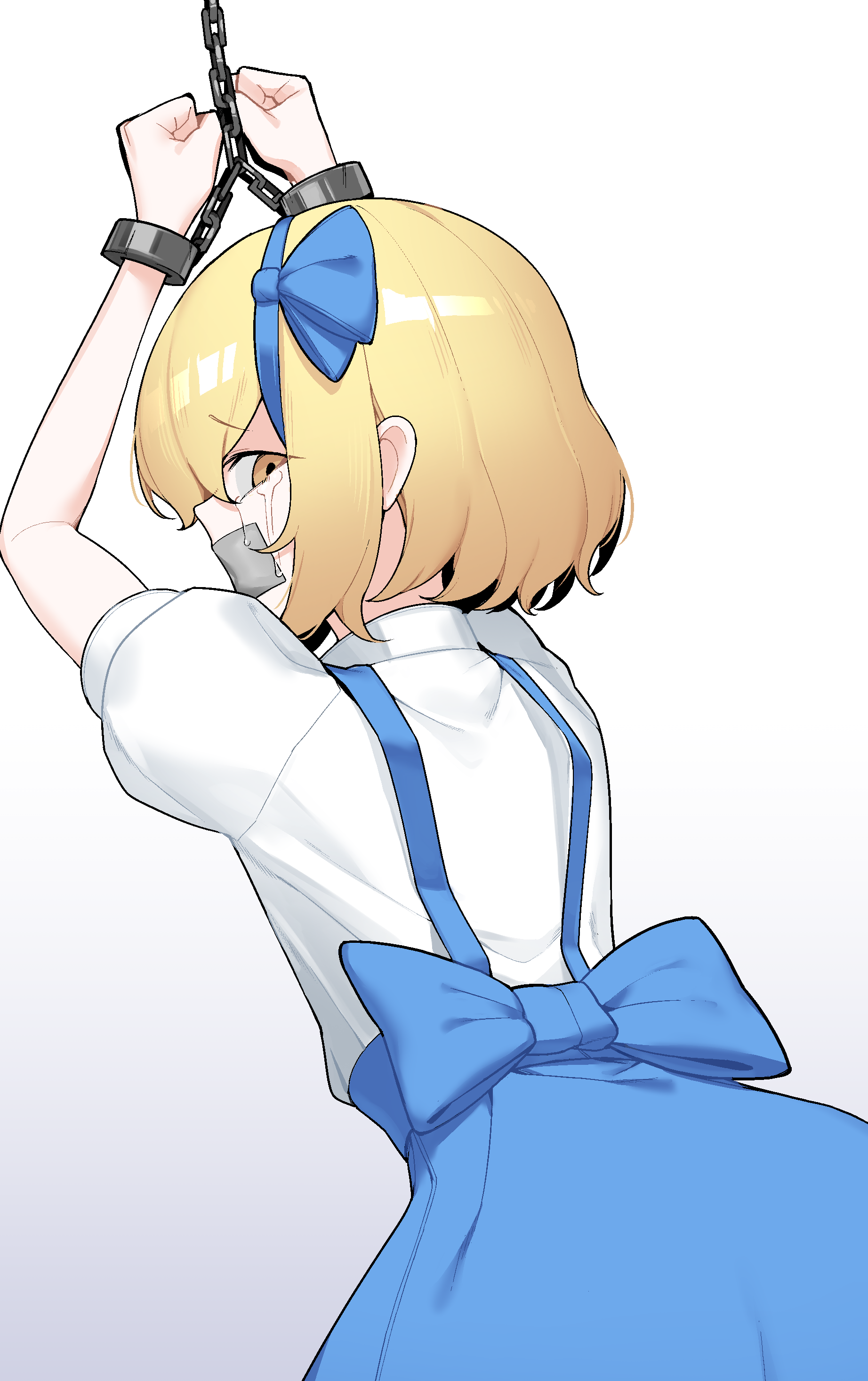 1641 (chfhrtor94), alice margatroid, alice margatroid (pc-98), touhou, touhou (pc-98), absurdres, commentary, highres, 1girl, back bow, blonde hair, blue bow, blue hairband, bound, bound wrists, bow, bow hairband, cowboy shot, crying, crying with eyes open, from behind, gag, gagged, gibberish commentary, hair bow, hairband, improvised gag, looking at viewer, looking back, puffy short sleeves, puffy sleeves, shirt, short hair, short sleeves, simple background, skirt, solo, suspender skirt, suspenders, tape, tape gag, tears, white background, white shirt, yellow eyes