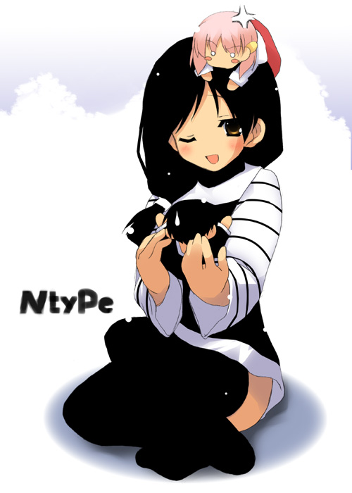 mizoguchi keiji, sera karen, sakura musubi, 1girl, :d, ;d, black hair, black thighhighs, blush, brown eyes, doll, female focus, gradient background, long hair, long sleeves, one eye closed, open mouth, shirt, sitting, smile, solo, striped clothes, striped shirt, thighhighs