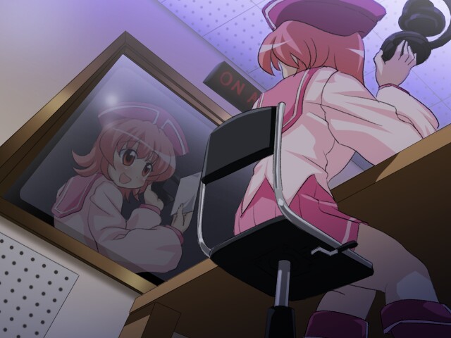sanshita, behoimi, pani poni dash!, 00s, 1girl, :d, blush, boots, chair, female focus, from below, hat, indoors, knee boots, on chair, open mouth, orange hair, pink shirt, pink skirt, pleated skirt, recording studio, red boots, red hair, reflection, sailor collar, shirt, short hair, sitting, skirt, smile, solo, table, unworn headwear, voicebooth