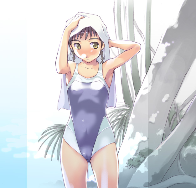 takeda sun, minagi mikoto, my-hime, 00s, 1girl, armpits, black hair, blue one-piece swimsuit, braid, cameltoe, competition swimsuit, drying, drying hair, drying own hair, female focus, flat chest, loli, one-piece swimsuit, palm tree, solo, swimsuit, towel, towel on head, tree, twin braids, water, yellow eyes