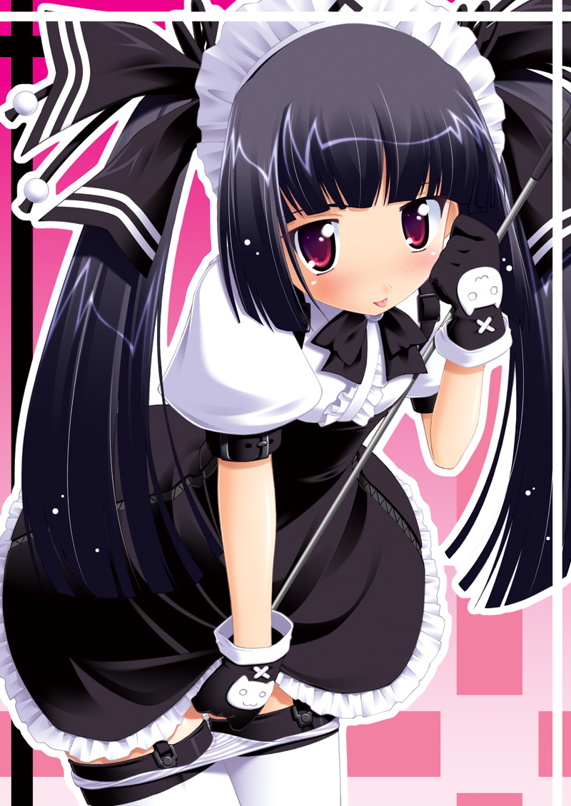 simk, yamabuki zarame, kooh (pangya), pangya, 1girl, black hair, blush, clothed masturbation, crotch rub, female focus, female masturbation, gloves, goth fashion, loli, maid, maid headdress, masturbation, panties, panty pull, red eyes, solo, striped clothes, striped panties, thighhighs, tongue, tongue out, twintails, underwear
