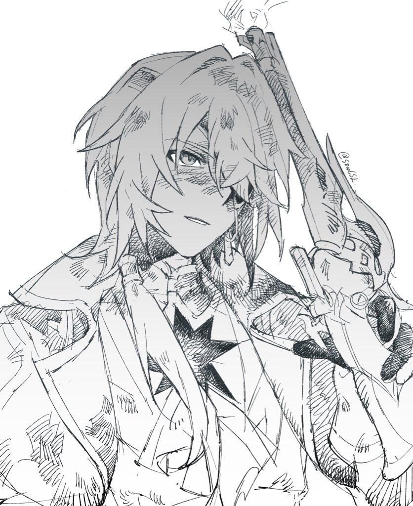 anaxa (honkai: star rail), honkai: star rail, honkai (series), 1boy, ascot, crossed bangs, dirty, earrings, eyepatch, gun, hair between eyes, hair intakes, half-closed eyes, holding, holding gun, holding weapon, jacket, jewelry, lapels, male focus, mandarin collar, medium hair, monochrome, notched lapels, one eye closed, parted lips, side ponytail, simple background, single earring, smoke, smoke trail, solo, soulsk530, teeth, weapon, white background