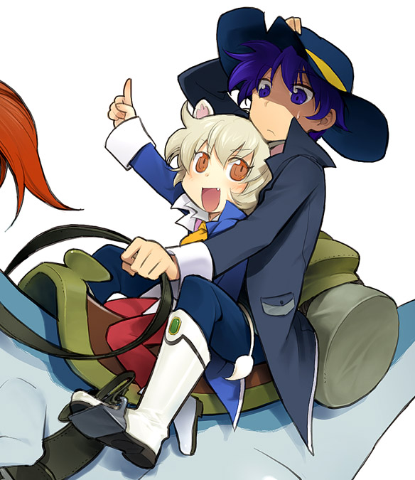 minakata sunao, shade (futagohime), tio (futagohime), fushigiboshi no futago hime, 00s, 2boys, animal ears, blonde hair, blue eyes, blue hair, blush, boots, eclipse, fang, frown, hat, male focus, multiple boys, multiple riders, orange eyes, pointing, riding, saddle, sitting, sitting on lap, sitting on person, spiked hair, sweat
